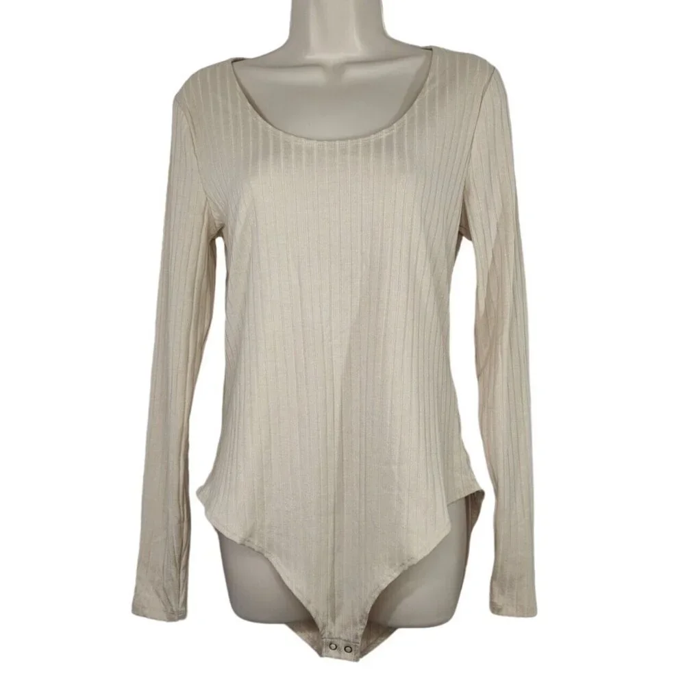 Forever 21 Tan Ribbed Knit Bodysuit Women Size XL Snap Crotch Long Sleeve NEW - Picture 1 of 7